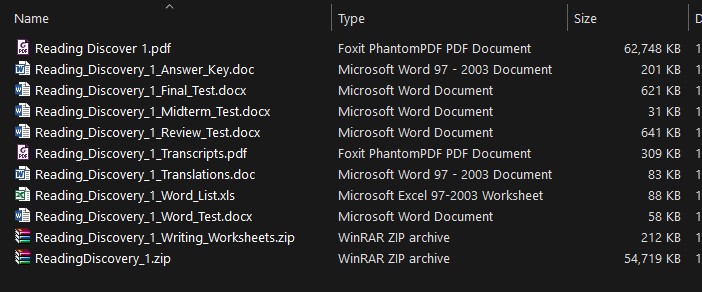 Reading Discovery resources list Download Reading Discovery - PDF (high quality), audio, answer key, test (word test, review test, midterm test, final test), writing worksheet, word list, transcript.